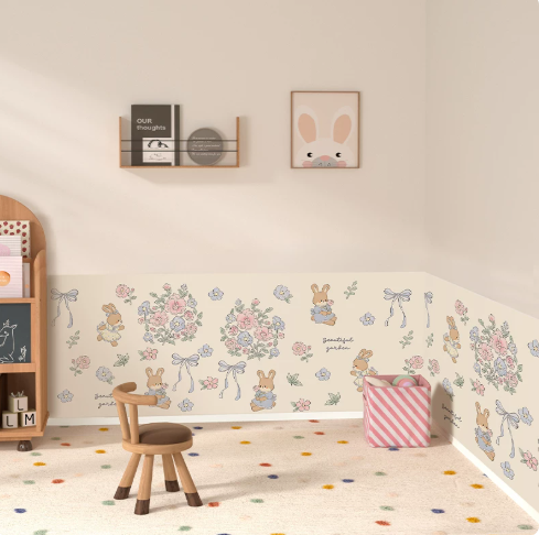 Toneed Cute Pastel Bunny Floral Peel and Stick Wallpaper, Removable Self Adhesive Garden Rabbit Wall Covering, Waterproof Vintage Flower Bow Wall Paper for Girls Nursery, Kids Bedroom, Playroom Decor
