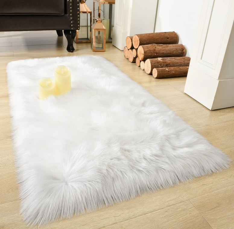 Rostyle White Faux Sheepskin Fur Machine Washable Runner Area Rugs for Bedroom Living Room 2x6 Shag Rugs for Hallways Room Décor