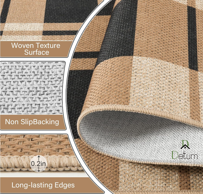 D DETUM Small Checkered Entry Rug, 2x3 Jute Rug Front Door Mat, Washable Non Slip Area Rug,Farmhouse Design Neutral Geometric Low Pile Rugs for Floor Carpet Entryway Porch Doorway, Black and Brown