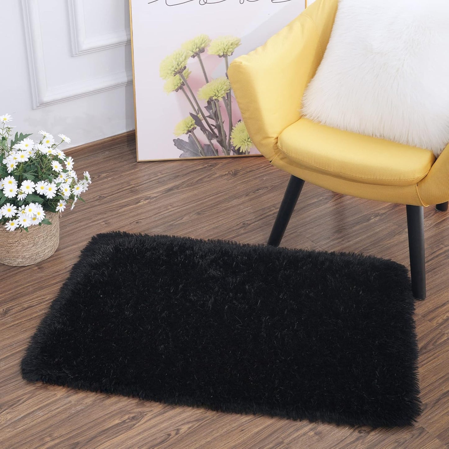 YOH  Super Soft Fluffy Rug for Bedroom, Modern Shaggy Fuzzy Kids Rugs for Living Room, Plush Indoor Nursery Home Decor Dorm Carpet with Non-Slip Bottom, Black, 2 X 3 Feet