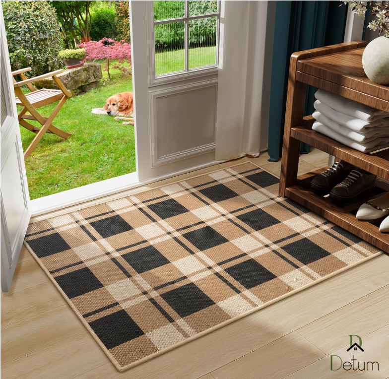 D DETUM Small Checkered Entry Rug, 2x3 Jute Rug Front Door Mat, Washable Non Slip Area Rug,Farmhouse Design Neutral Geometric Low Pile Rugs for Floor Carpet Entryway Porch Doorway, Black and Brown