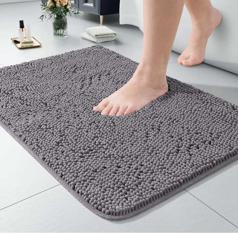 Beglad  Luxury Bathroom Rug Shaggy Bath Mat 24 x 17 Inch, Gray Washable Non Slip Bath Rugs for Bathroom Shower, Soft Plush Chenille Absorbent Carpets