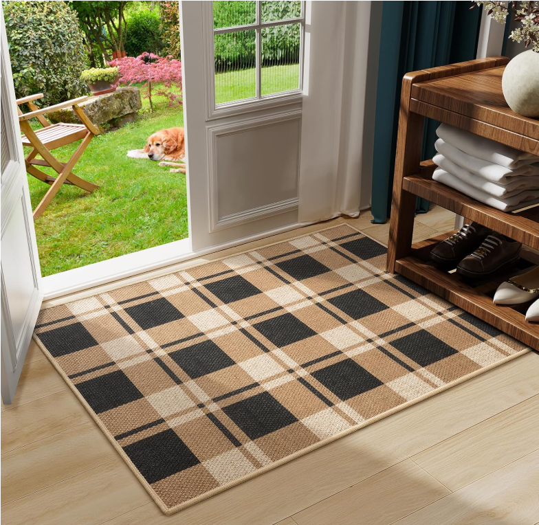 Flagover Small Checkered Entry Rug, 2x3 Jute Rug Front Door Mat, Washable Non Slip Area Rug,Farmhouse Design Neutral Geometric Low Pile Rugs for Floor Carpet Entryway Porch Doorway, Black and Brown