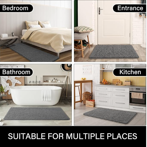 YOH   Bathroom Rugs , 40*60cm  Thick Non Slip Bath Rug , Absorbent Soft Chenille Bath Rug, Quick Dry Bath Mat for Bathroom Floor, grey