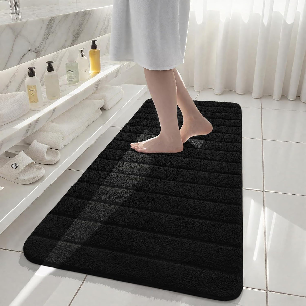 Foxmas  Luxury Long Bathroom Runner Rugs 24x60 Inch Bath Rug Non Slip, Black