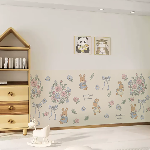 CIRLOVE Cute Pastel Bunny Floral Peel and Stick Wallpaper, Removable Self Adhesive Garden Rabbit Wall Covering, Waterproof Vintage Flower Bow Wall Paper for Girls Nursery, Kids Bedroom, Playroom Decor