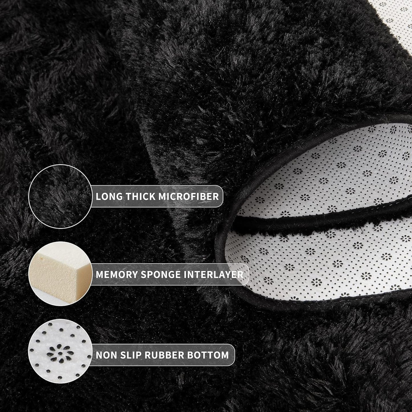 YOH  Super Soft Fluffy Rug for Bedroom, Modern Shaggy Fuzzy Kids Rugs for Living Room, Plush Indoor Nursery Home Decor Dorm Carpet with Non-Slip Bottom, Black, 2 X 3 Feet