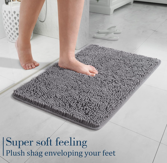 Beglad  Luxury Bathroom Rug Shaggy Bath Mat 24 x 17 Inch, Gray Washable Non Slip Bath Rugs for Bathroom Shower, Soft Plush Chenille Absorbent Carpets
