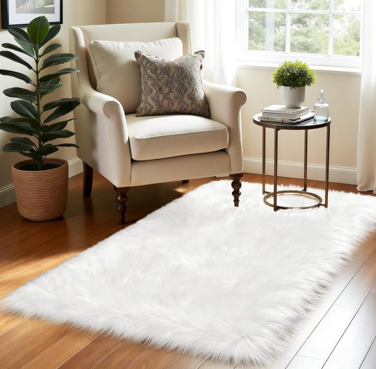 DETUM White Faux Sheepskin Fur Machine Washable Runner Area Rugs for Bedroom Living Room 2x6 Shag Rugs for Hallways Room Décor