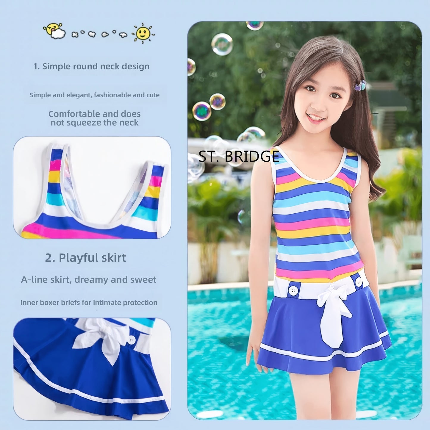 ST. BRIDGE  Children's swimsuit, girls' stylish, small, medium, and large children's one-piece cute swimsuit, summer swimsuit