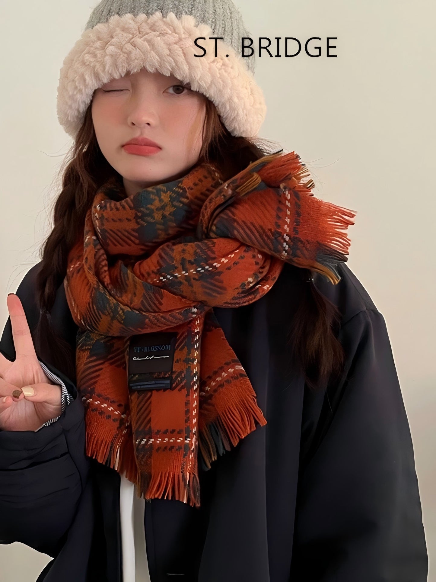 ST. BRIDGE  Chunky Winter Scarfs for Women Cold Weather Warm Knit Thick Plaid Scarf Long Large Oversized Checked Scarves