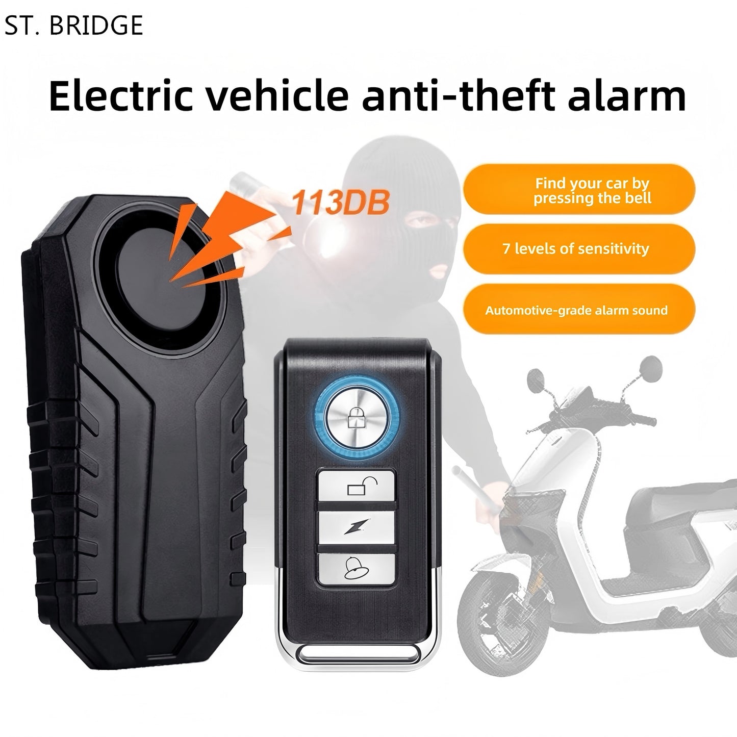 ST. BRIDGE 113dB Bike Alarm Catalytic Converter Alarm Wireless Anti Theft Vibration Motion Sensor Vehicle Security Alarm System Waterproof Motorcycle Alarm Bicycle Alarm with Remote