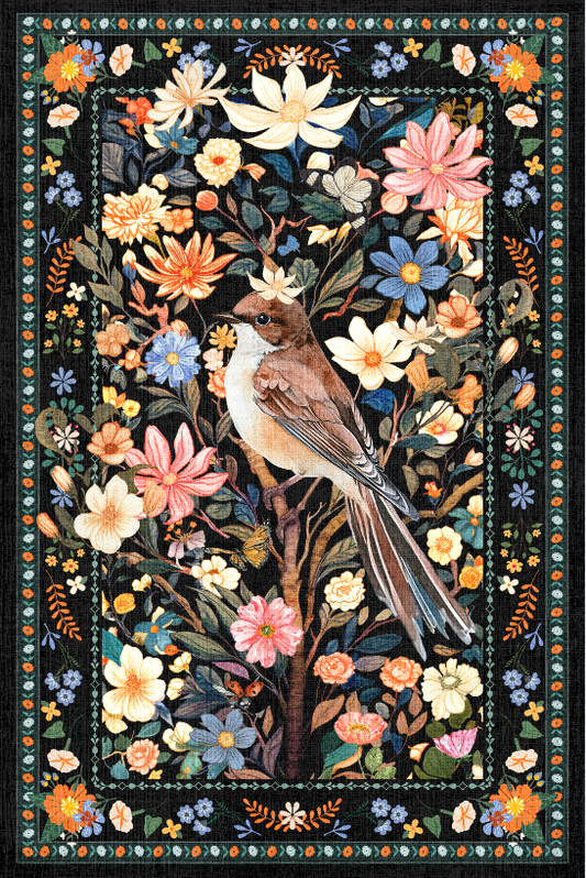 Sparrow among flowers black