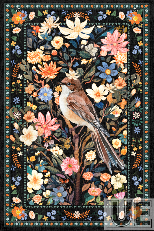 Sparrow among flowers black