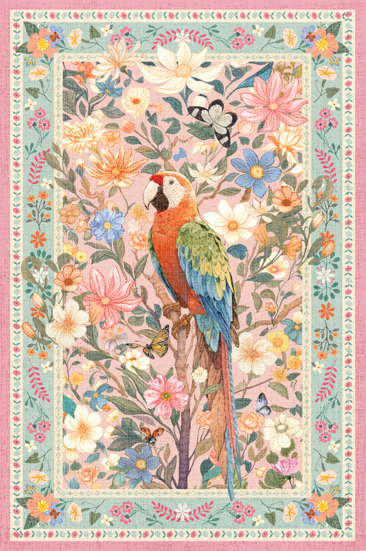 Sparrow among flowers pink
